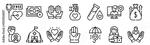 Set of 14 kindness and charity thin line icons including donation, support, medical check, emergency, health insurance, payment, give heart. Vector outline style