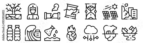 Set of 14 climate change thin line web icons including drought, pollution, tsunami, oil spill, global warming, hail, plastic waste. Outline vector illustration pack