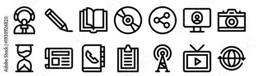 Set of 14 communication and media thin line icons including news reporter, writer, contact book, music player, clipboard, radio antenna, hourglass, and more