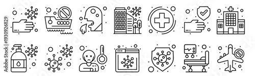 Set of 14 coronavirus COVID-19 thin line icons including hand sanitizer, travel ban, sick, protection, hospital bed, washing hands, hygiene, and medical prevention symbols