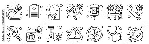 Set of 14 coronavirus COVID-19 pandemic thin line icons including infected, blood test, health report, pandemia, doorknob, DNA, error medical symbols