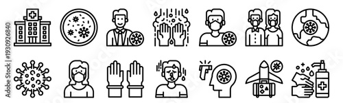 Set of 14 coronavirus medical health thin line web icons including hospital, sick, gloves, handwash, fever, thermometer, doctor, protection in vector outline style