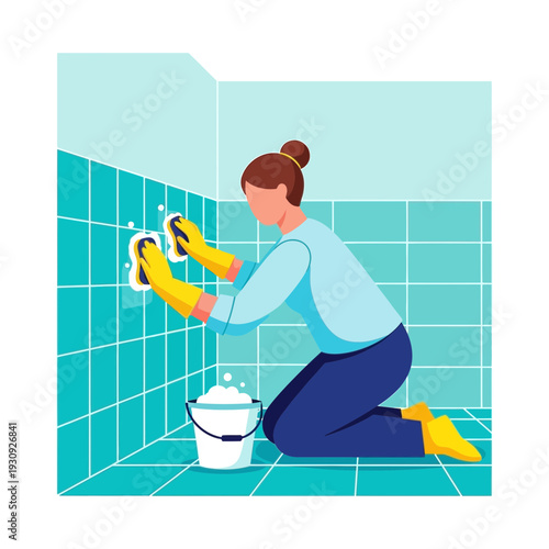 Woman Scrubbing Tiled Wall For A Sparkling Clean Bathroom Refresh