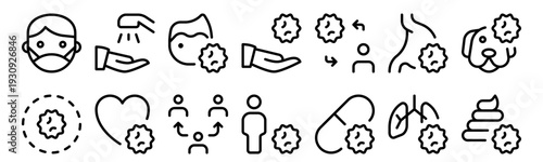 Set of 14 coronavirus thin line icons: facial mask, hand wash, antivirus, infection, human, heart, hygiene, medical safety. Outline vector web pack