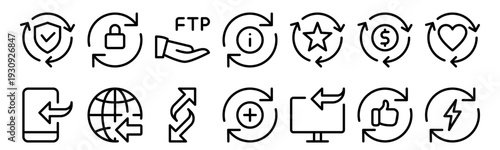 Set of 14 data transfer thin line icons including security, locked, upload, cloud, FTP, info, and exchange symbols. Vector outline style for web and app design
