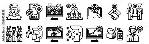 Set of 14 coronavirus pandemic thin line web icons including thermometer, handwash, distance, cough, news report, spreading, cold, analysis vector outline symbols