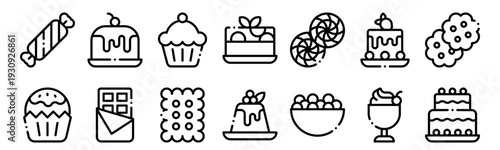 Set of 14 desserts and candies thin line web icons including candy, cupcake, cake, biscuit, pudding. Vector outline illustration pack for sweet bakery and confectionery designs