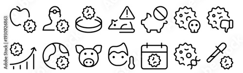 Set of 14 coronavirus pandemic thin line web icons including outbreak, medical doctor, thermometer, plague, graph, laboratory, alert, virus symptoms and health safety symbols