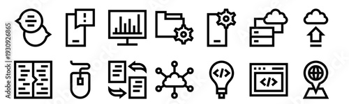 Set of 14 development thin line web icons: chat box, information, smartphone, computer mouse, folder, cloud network, invention. Vector outline illustration pack