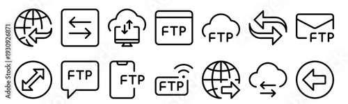 Set of 14 data transfer thin line web icons including cloud storage, FTP, wireless, browser, chat, upload, download, network and communication symbols in outline vector format