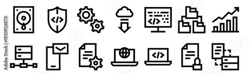Set of 14 development thin line web icons including pc, server, shield, download, laptop, code, database, folder. Editable stroke vector outline collection
