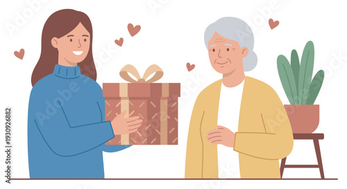 Young woman gives gift box to elderly lady with hearts floating around them, symbolizing love and appreciation.