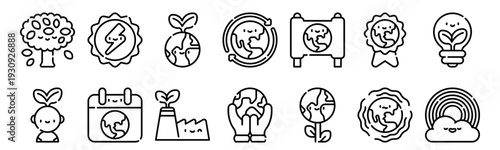 Set of 14 earth day ecology thin line web icons: tree, solar energy, eco factory, save planet, green earth, renewable energy, environmental conservation vector