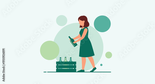 Woman Selecting Beverage Bottles From Wooden Crate In Minimalist Style