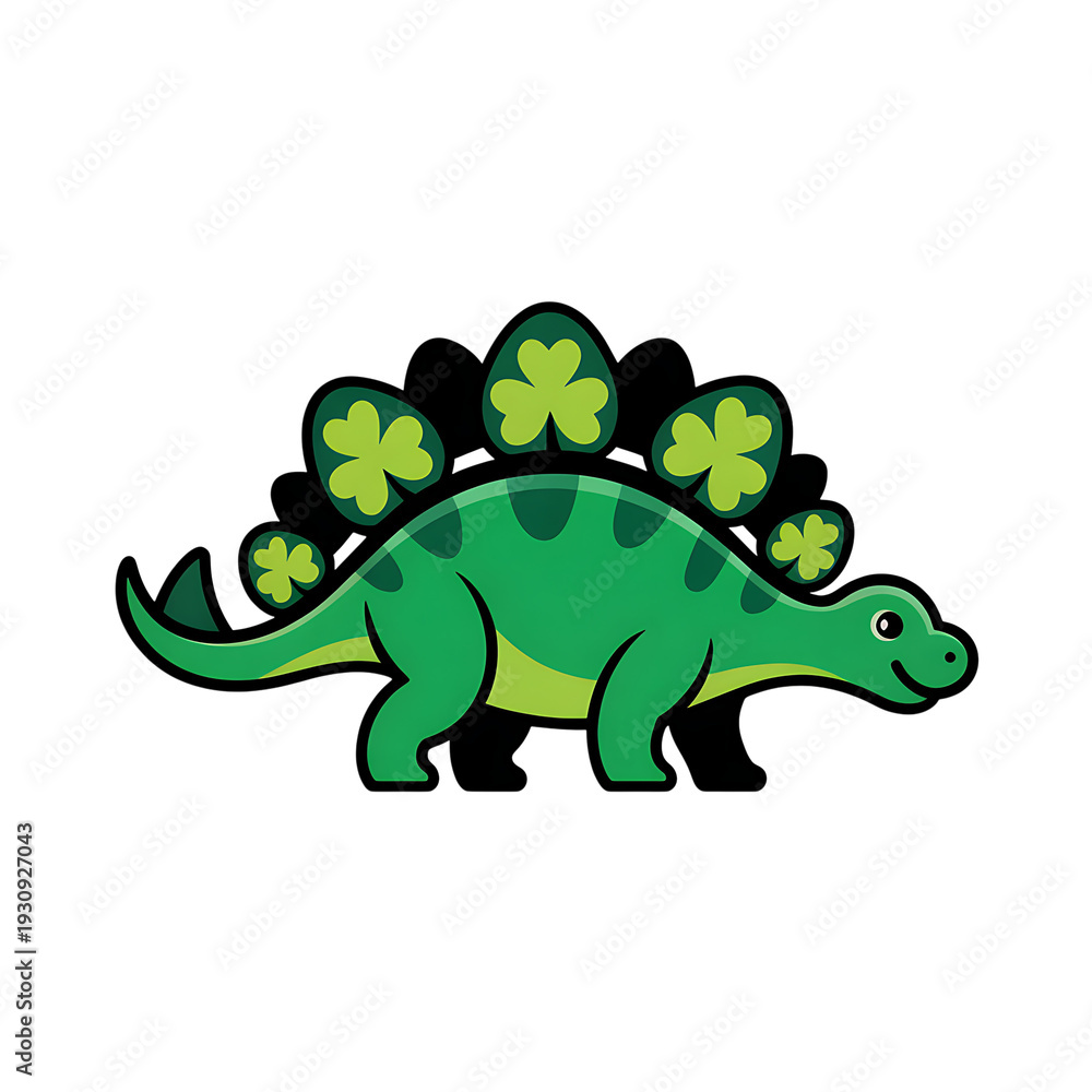 Fototapeta premium Cartoon green dinosaur with shamrocks on its back isolated on transparent background graphic transparent background