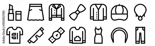 Set of 14 fashion thin line icons including lipstick, t-shirt, skirt, glasses, watch, bow tie, sweater, dress. Editable stroke vector web symbols