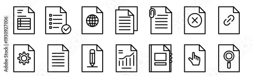 Set of 14 file and document outline thin line icons including invoice, list, edit, copy, report, contacts, delete, attachment, search, link for web and office projects