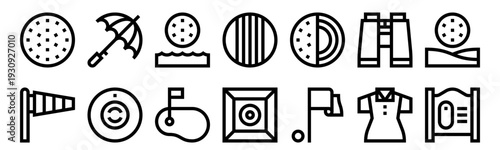 Set of 14 golf thin line icons including ball, flag, umbrella, green, windsock, training. Vector outline web pack for sports and recreation design