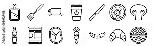 Set of 14 gastronomy thin line icons including chopping board, soda, cooking, meat, coffee cup, carrot, sausage. Outline vector web icon pack for food and kitchen projects
