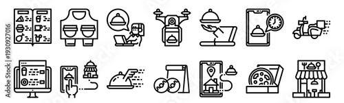 Set of 14 food delivery thin line icons including menu, website, scooter, pizza, drone, tray, doughnut, location, timer. Editable stroke vector collection