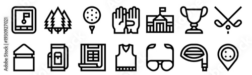 Set of 14 golf thin line web icons with tee, trees, bag, scoring, gloves, vest, sunglasses, clubs, trophy. Outline vector illustration pack for sports design