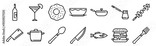 Set of 14 gastronomy thin line icons including wine bottle, cleaver knife, cocktail, spoon, bowl, knife, fish, pot. Vector outline web symbols for food and dining
