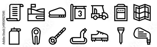 Set of 14 golf thin line web icons including course, ball, tee, putter, club, cart, flag, shoe, divot, water bottle. Editable vector stroke outline collection