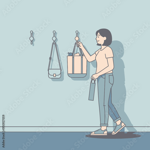 Woman Selects A Bag From A Wall Hooks For Daily Errands And Shopping Trips