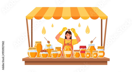 Woman Selling Fresh Honey Jars At The Farmers Market Under A Canopy Illustration
