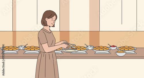 Woman Serving Food At Buffet Delicious Meal Selection And Catering Service