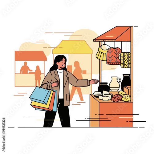 Woman Shopping At Outdoor Market Stalls Engaging With Local Artisans
