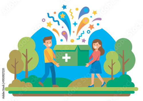 Man and woman carrying a box with a cross symbol, bursting with colorful confetti and stars, symbolizing joyful aid or positive community contribution.