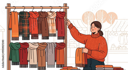 Woman Shopping For Cozy Autumn Scarves At An Outdoor Market