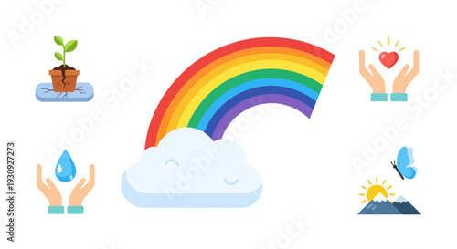 A colorful set of flat design icons representing nature hope and environmental care.