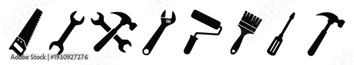 Collection of isolated black silhouettes of various construction and repair tools on white background