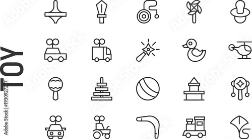 Collection of linear icons representing various types of toys and playful objects for children entertainment