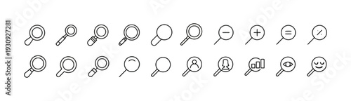 Collection of magnifying glass and search icons for research and discovery