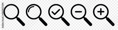 Collection of magnifying glass icons with different symbols for search zoom and check