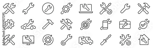 Collection of line art icons for repair services and technical support, featuring tools