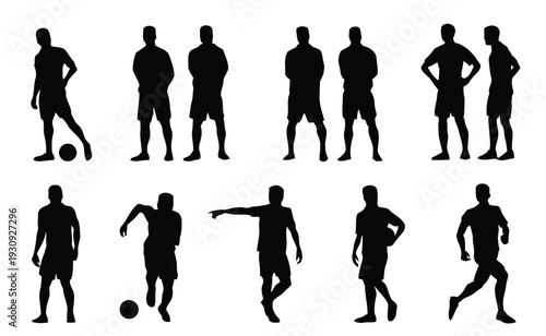 Collection of male soccer player silhouettes in various dynamic poses