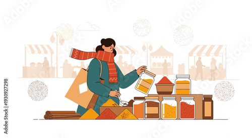 Woman Shopping For Spices At A Vibrant Outdoor Market Stall