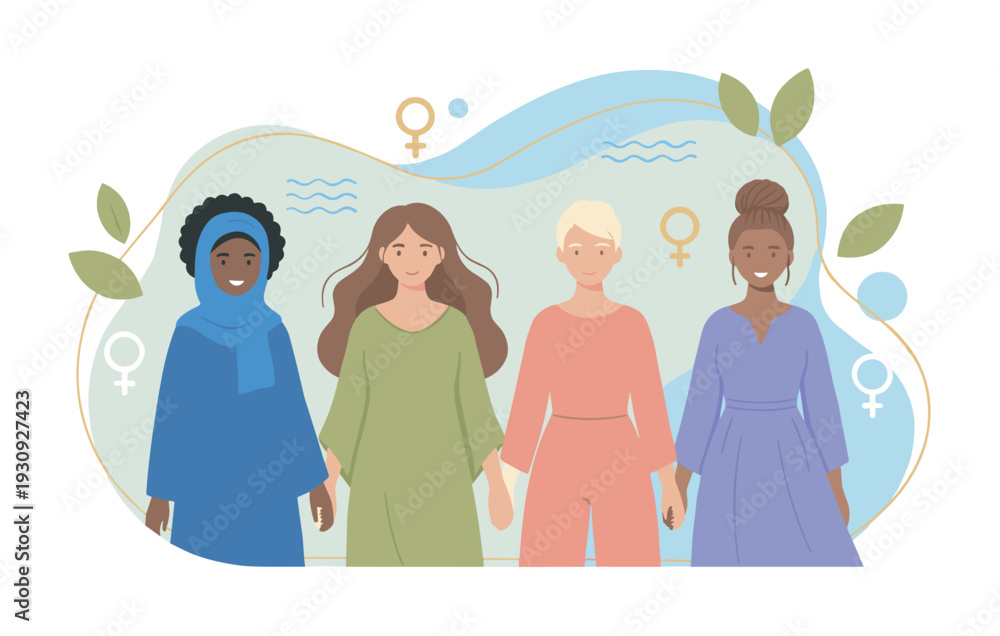 Fototapeta premium Four diverse women holding hands celebrate female empowerment, global unity, and the strength of sisterhood together.