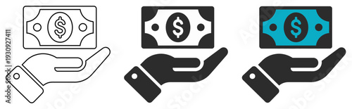 Hand Holding Money Banknote Vector Icon Set for Finance Investment and Payment Concepts