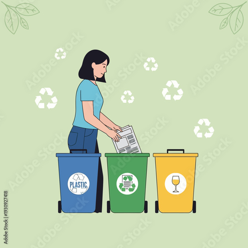 Woman Sorting Waste For Recycling With Labeled Bins And Nature Motifs