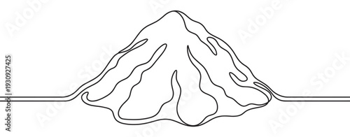 Minimalist continuous line drawing depicting a towering mountain peak, representing nature's grandeur and the spirit of adventure.