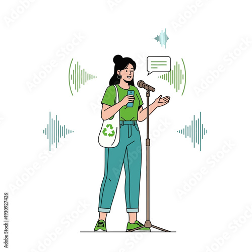 Woman Speaking Into Microphone With Sound Waves And Speech Bubble