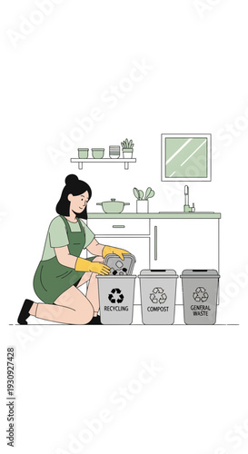 Woman Sorting Waste For Eco-Friendly Recycling In A Modern Kitchen Environment