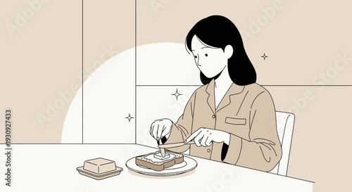 Woman Spreading Butter On Toast Depicting A Moment Of Leisurely Breakfast Routine