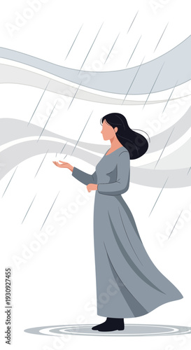 Woman Standing In Rain Feeling The Drops In Serene Moment