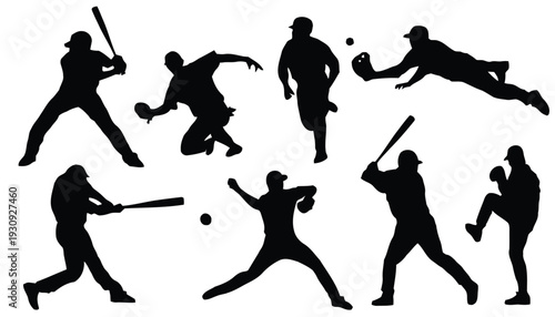 Collection of nine baseball player silhouettes in action during a game
